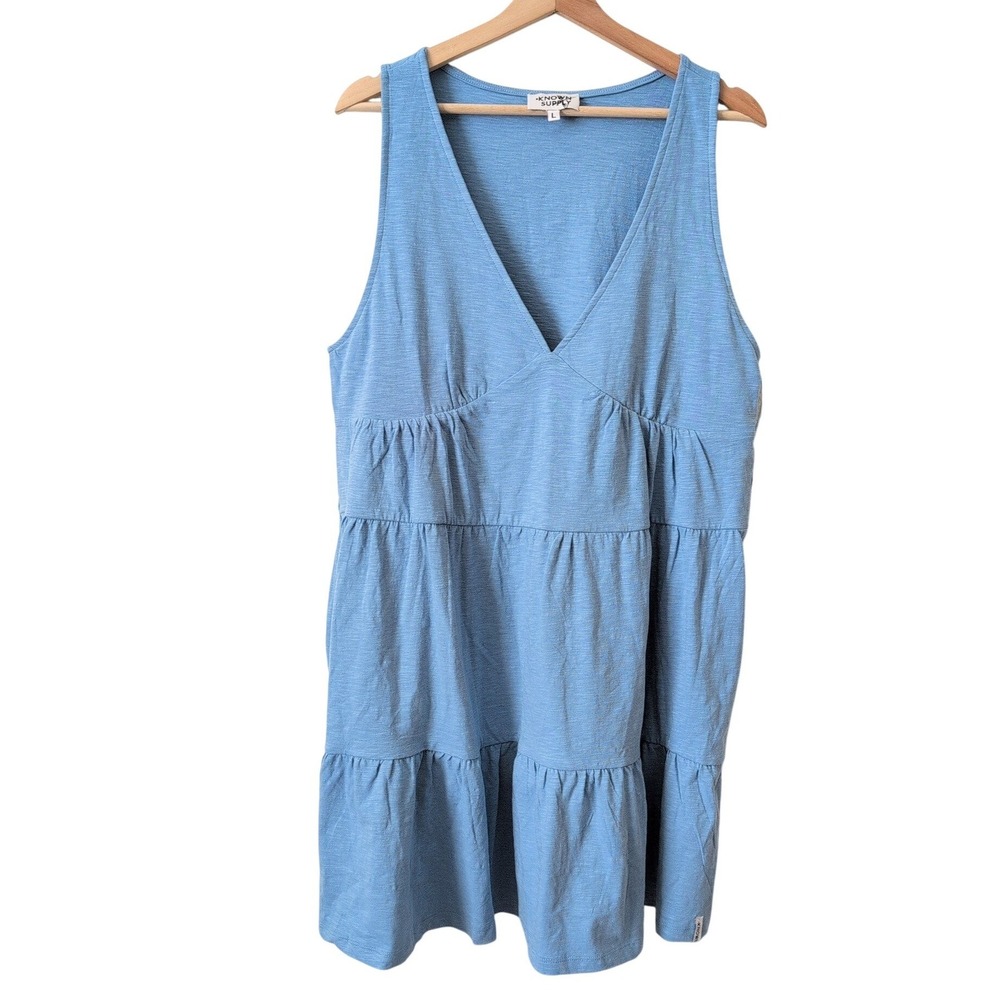 Known Supply Evelyn Tiered‎ Mini Dress Powder Blue Organic Cotton Womens L NEW
